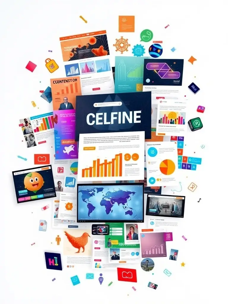 A graphic illustrating content creation with various media types like blog posts, videos, and infographics, showcasing Optimal Design Solutions' content services.