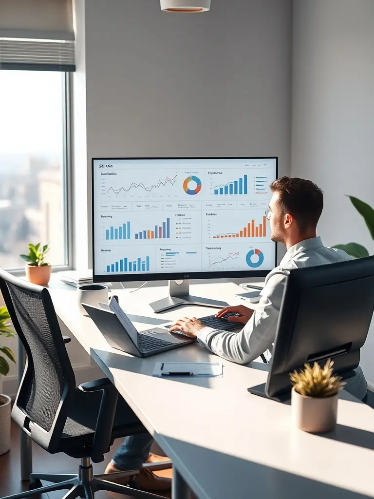An SEO optimization process being visualized on a computer screen, showing keyword analysis, backlink building, and website performance tracking.